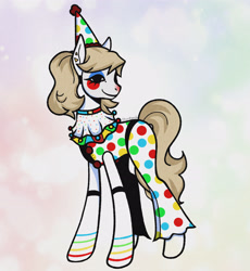 Size: 2477x2694 | Tagged: safe, artist:starfynch, derpibooru import, oc, oc only, earth pony, pony, circus, clothes, clown, clown makeup, colorful, concave belly, female, mare, outfit, rainbow, slender, solo, thin