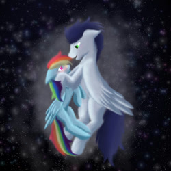 Size: 750x750 | Tagged: safe, artist:lazzari16, derpibooru import, rainbow dash, soarin', pegasus, pony, female, flying, male, mare, shipping, soarindash, stallion, straight