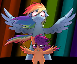 Size: 1723x1430 | Tagged: safe, artist:doodlesinky, derpibooru import, rainbow dash, scootaloo, pegasus, fanfic:rainbow factory, g4, abstract background, bloodshot eyes, duo, fanfic art, female, filly, foal, pegasus device, rainbow, rainbows, stare, terrified, this will end in death, this will end in tears