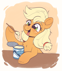 Size: 1745x2000 | Tagged: safe, artist:skysorbett, derpibooru import, applejack, earth pony, pony, g4, can, colored sketch, condensed milk, cyrillic, female, filly, foal, freckles, milk, russian, sketch, solo, spoon, tongue, tongue out