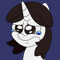 Size: 900x900 | Tagged: safe, artist:unitxxvii, derpibooru import, oc, oc only, oc:talim, pony, unicorn, blue background, bust, crying, dark blue background, female, horn, mare, simple background, solo, teary eyes