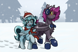 Size: 2167x1455 | Tagged: safe, artist:reddthebat, derpibooru import, oc, oc only, oc:alaska (reddthebat), oc:selena (reddthebat), bat pony, pegasus, pony, bat pony oc, blushing, christmas, clothes, duo, duo female, earmuffs, eyebrows, eyebrows visible through hair, female, hat, height difference, holiday, mare, mittens, open mouth, open smile, santa hat, scarf, size difference, smiling, snow, snowfall, winter