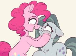 Size: 2048x1490 | Tagged: safe, artist:skysorbett, derpibooru import, marble pie, pinkie pie, earth pony, pony, g4, boop, cheek squish, chest fluff, colored sketch, duo, duo female, ears, eye contact, female, floppy ears, looking at each other, looking at someone, mare, noseboop, open mouth, open smile, scene interpretation, siblings, simple background, sisters, sketch, smiling, squishy cheeks