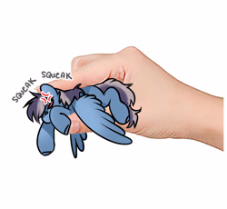 Size: 3514x3235 | Tagged: safe, artist:opalacorn, derpibooru import, oc, oc only, oc:silver lightning, human, pegasus, pony, cross-popping veins, disembodied hand, emanata, hand, holding a pony, in goliath's palm, simple background, size difference, squeak, white background