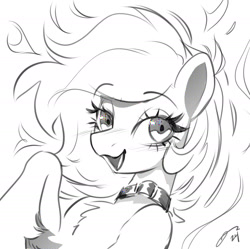 Size: 2400x2389 | Tagged: safe, artist:opalacorn, derpibooru import, oc, oc only, oc:solar flare, pony, collar, eyebrows, eyebrows visible through hair, female, gift art, grayscale, lidded eyes, looking at you, mare, monochrome, open mouth, open smile, screentone, simple background, smiling, smiling at you, solo, white background