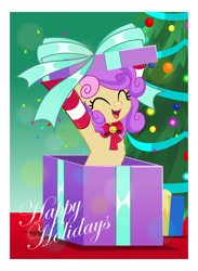 Size: 3654x5001 | Tagged: safe, artist:jhayarr23, derpibooru import, oc, oc only, oc:quickdraw, earth pony, pony, absurd resolution, bow, chest fluff, christmas, christmas tree, clothes, complex background, confetti, cute, earth pony oc, eyes closed, happy, happy holidays, holiday, lights, ocbetes, open mouth, open smile, photo, present, recolor, smiling, socks, tree