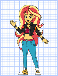 Size: 828x1089 | Tagged: safe, artist:superaaronawesome, derpibooru import, sunset shimmer, human, equestria girls, g4, alternate design, belly, belly button, clothes, denim, female, jacket, jeans, midriff, pants, short shirt, solo