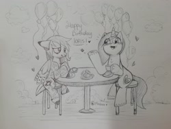 Size: 4160x3120 | Tagged: safe, artist:mashee, derpibooru import, oc, oc:ioris, oc:mashee, pegasus, pony, unicorn, balloon, birthday party, cafe, chest fluff, cloud, cup, donut, female, food, ground, heart, heart mark, hooves up, horn, looking at each other, looking at someone, mare, open mouth, party, plate, sitting, smiling, sun, table, talking, teacup, together