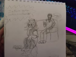 Size: 2048x1536 | Tagged: safe, artist:mcsplosion, derpibooru import, oc, oc only, human, pony, unicorn, candy, eating, food, horn, human to pony, pawn stars, sitting on person, sketch, species swap, traditional art, transformation, watching tv