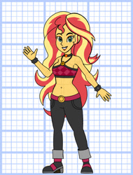 Size: 828x1089 | Tagged: safe, artist:superaaronawesome, derpibooru import, sunset shimmer, human, equestria girls, g4, alternate design, belly, belly button, clothes, denim, female, jeans, midriff, pants, short shirt, solo