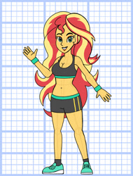 Size: 828x1089 | Tagged: safe, artist:superaaronawesome, derpibooru import, sunset shimmer, human, equestria girls, g4, alternate design, belly, belly button, breasts, cleavage, clothes, female, midriff, shoes, shorts, sneakers, solo, sports bra, sports shorts