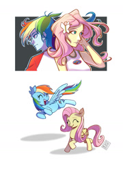 Size: 1516x2110 | Tagged: safe, artist:ilacavgbmjc, derpibooru import, fluttershy, rainbow dash, pegasus, pony, equestria girls, g4, legend of everfree, duo, flying, smiling