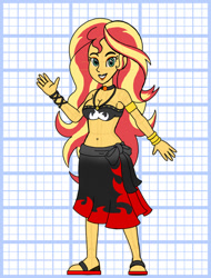 Size: 828x1089 | Tagged: safe, artist:superaaronawesome, derpibooru import, sunset shimmer, human, equestria girls, g4, alternate design, belly, belly button, bikini, bracelet, breasts, cleavage, clothes, female, jewelry, midriff, sandals, sarong, solo, sunset shimmer's beach shorts swimsuit, swimsuit