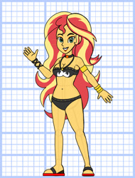 Size: 828x1089 | Tagged: safe, artist:superaaronawesome, derpibooru import, sunset shimmer, human, alternate design, armband, bikini, bracelet, breasts, choker, cleavage, clothes, female, humanized, jewelry, sandals, solo, sunset jiggler, sunset shimmer's beach shorts swimsuit, swimsuit