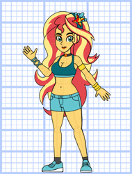 Size: 828x1089 | Tagged: safe, artist:superaaronawesome, derpibooru import, sunset shimmer, human, equestria girls, g4, alternate design, armband, belly, belly button, bracelet, breasts, cleavage, clothes, female, jewelry, midriff, shoes, shorts, sneakers, solo