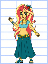 Size: 828x1089 | Tagged: safe, artist:superaaronawesome, derpibooru import, sunset shimmer, human, equestria girls, g4, accessory, alternate design, armband, belly, belly button, belly dancer outfit, bracelet, breasts, cleavage, clothes, female, jewelry, midriff, necklace, skirt, solo