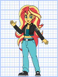 Size: 828x1089 | Tagged: safe, artist:superaaronawesome, derpibooru import, sunset shimmer, human, equestria girls, g4, alternate design, breasts, choker, cleavage, clothes, denim, female, jacket, jeans, midriff, pants, short shirt, solo