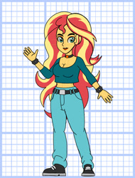 Size: 828x1089 | Tagged: safe, artist:superaaronawesome, derpibooru import, sunset shimmer, human, equestria girls, g4, alternate design, belts, breasts, choker, cleavage, clothes, denim, female, jeans, midriff, pants, short shirt, solo