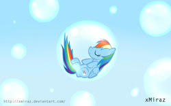 Size: 1440x900 | Tagged: safe, derpibooru import, rainbow dash, pegasus, g4, bubble, cute, dashabetes, female, in bubble, sky, sleeping