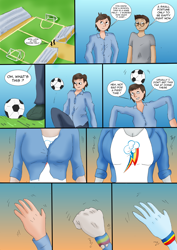 Size: 1920x2711 | Tagged: safe, artist:tf-plaza, derpibooru import, rainbow dash, human, equestria girls, g4, age regression, clothes, comic, dialogue, duo, female, football, male, soccer field, speech bubble, sports, transformation, transforming clothes, transgender transformation, younger