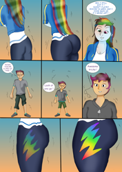 Size: 1920x2714 | Tagged: safe, artist:tf-plaza, derpibooru import, rainbow dash, scootaloo, human, equestria girls, g4, age regression, butt, clothes, comic, dialogue, duo, female, male, speech bubble, transformation, transforming clothes, transgender transformation, younger