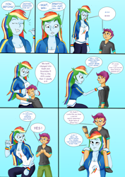 Size: 1920x2709 | Tagged: safe, artist:tf-plaza, derpibooru import, rainbow dash, scootaloo, human, equestria girls, g4, ..., age regression, comic, dialogue, duo, female, phone, piggyback ride, siblings, sisters, speech bubble, transformation, transgender transformation, younger