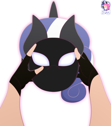 Size: 6000x6800 | Tagged: safe, artist:skyspeardraw, derpibooru import, part of a set, nightmare rarity, oc, oc:léa, human, g4, absurd resolution, clothes, female, gloves, holding, horn, human to anthro, humanized, mask, offscreen character, pov, simple background, species swap, transformation, transformation sequence, white background