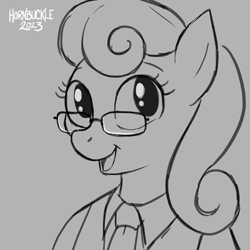 Size: 1920x1920 | Tagged: safe, artist:hornbuckle, derpibooru import, bon bon, sweetie drops, earth pony, pony, g4, bust, clothes, female, furry to pony, glasses, necktie, open mouth, sketch, smiling, solo, species swap, suit, transformation