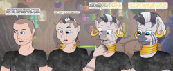 Size: 3497x1445 | Tagged: safe, artist:axiomtf, artist:tf-plaza, derpibooru import, zecora, human, zebra, g4, bust, clothes, female, high res, human to zebra, jewelry, male, offscreen character, shirt, speech bubble, surprised, t-shirt, transformation, transformation sequence