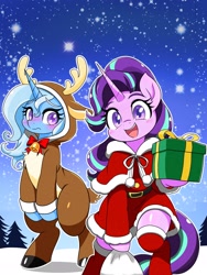 Size: 1536x2048 | Tagged: safe, artist:zeon_starlight, derpibooru import, starlight glimmer, trixie, pony, unicorn, g4, animal costume, christmas, clothes, costume, duo, duo female, female, holiday, horn, mare, reindeer costume, santa costume