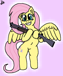 Size: 1000x1200 | Tagged: safe, artist:dkwzurt, derpibooru import, fluttershy, pegasus, pony, g4, female, gun, pink background, shotgun, simple background, smiling, solo, spread wings, weapon, wings