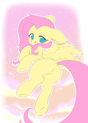 Size: 2500x3500 | Tagged: safe, artist:persikulka, derpibooru import, fluttershy, pegasus, pony, g4, butt, chest fluff, cute, dock, featureless crotch, female, flutterbutt, high res, looking at you, looking back, looking back at you, mare, outline, plot, shyabetes, smiling, smiling at you, solo, spread wings, tail, underhoof, white outline, wings