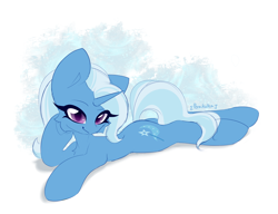 Size: 3000x2300 | Tagged: safe, artist:persikulka, derpibooru import, trixie, pony, unicorn, g4, cheek fluff, chest fluff, female, high res, horn, looking at you, lying down, mare, prone, smiling, smiling at you, solo, sploot, tail, underhoof