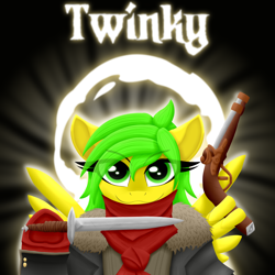 Size: 2000x2000 | Tagged: safe, artist:twinky, derpibooru import, oc, oc only, pegasus, pony, clothes, darkest dungeon, female, green eyes, gun, handgun, highwayman, knife, mare, pistol, weapon, wings