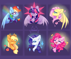 Size: 2048x1700 | Tagged: safe, artist:persikulka, derpibooru import, applejack, fluttershy, pinkie pie, rainbow dash, rarity, twilight sparkle, twilight sparkle (alicorn), alicorn, earth pony, pegasus, pony, unicorn, g4, apple, applejack's hat, bust, chest fluff, clothes, cowboy hat, ear fluff, ears, eye clipping through hair, eyes closed, eyeshadow, female, food, hat, horn, makeup, mane six, mare, one eye closed, open mouth, open smile, portrait, smiling, spread wings, wings, wink