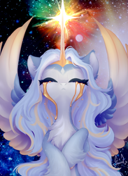 Size: 1500x2048 | Tagged: safe, artist:persikulka, derpibooru import, oc, oc only, oc:princess altea, alicorn, pony, alicorn oc, chest fluff, commission, eyes closed, female, horn, mare, solo, spread wings, wings