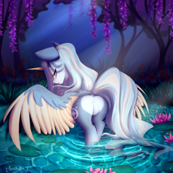 Size: 3000x3000 | Tagged: safe, artist:persikulka, derpibooru import, oc, oc only, oc:princess altea, alicorn, pony, alicorn oc, butt, commission, dock, featureless crotch, female, forest, heart butt, horn, lilypad, mare, nature, outdoors, plot, rear view, solo, spread wings, tail, tree, water, wings