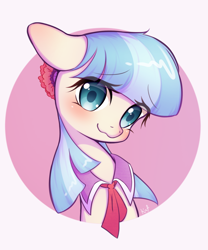 Size: 1766x2120 | Tagged: safe, artist:kaf_pone, derpibooru import, coco pommel, earth pony, g4, blushing, bust, ears, female, floppy ears, looking at you, mare, simple background, solo