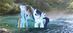 Size: 749x342 | Tagged: safe, artist:sadaslhey, derpibooru import, rainbow dash, soarin', pegasus, pony, female, male, mare, river, shipping, soarindash, stallion, straight, water, wet, wet mane