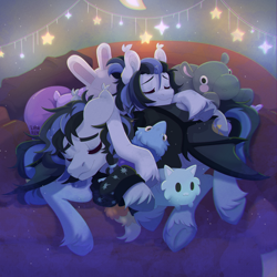 Size: 2250x2250 | Tagged: safe, artist:lionbun, derpibooru import, oc, oc:daydream doze, oc:nighttime nap, bat pony, bat pony oc, commission, fairy lights, female, lying down, lying on top of someone, male, mare, plush pile, plushie, siblings, sleeping, sofa, stallion, twins