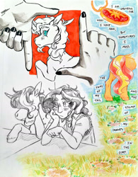 Size: 1515x1946 | Tagged: artist needed, source needed, safe, derpibooru import, sunset shimmer, human, pony, unicorn, g4, geode of empathy, homesick shimmer, horn, jewelry, magical geodes, medallion, mirror, necklace, solo, traditional art