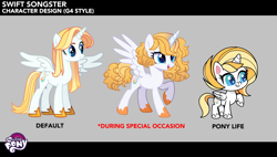 Size: 1500x854 | Tagged: safe, ai content, derpibooru import, generator:pony diffusion v6 xl, generator:stable diffusion, machine learning generated, oc, oc only, oc:swift songster, alicorn, pony, g4.5, my little pony: pony life, alicorn oc, artificial intelligence, blonde, horn, raised hoof, raised leg, reference sheet, spread wings, wings