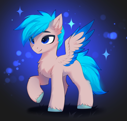 Size: 3847x3654 | Tagged: safe, artist:empress-twilight, derpibooru import, oc, oc only, oc:turquoise dust, pegasus, pony, blue eyes, blue hooves, blue mane, blue pupils, blue tail, blue wingtips, brown coat, cheek fluff, chest fluff, colored hooves, colored pupils, colored wings, colored wingtips, commission, cyan mane, cyan tail, ear fluff, ears, eye clipping through hair, eyebrows, eyebrows visible through hair, glowing, glowing mane, glowing tail, gradient background, high res, hock fluff, hooves, leg fluff, male, male oc, pegasus oc, raised hoof, raised leg, shiny mane, shiny tail, shoulder fluff, smiling, sparkles, spread wings, stallion, stallion oc, standing, standing on three hooves, tail, tan coat, three quarter view, two toned mane, two toned tail, two toned wings, unshorn fetlocks, wings, ych result