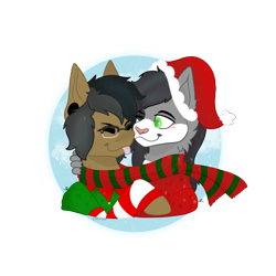 Size: 2048x2048 | Tagged: safe, artist:cat-the-horse, derpibooru import, oc, oc only, pegasus, pony, sphinx, best friends, christmas, clothes, cute, hat, holiday, santa hat, scarf