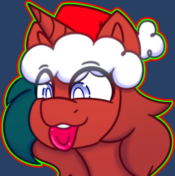 Size: 2560x2578 | Tagged: safe, artist:askhypnoswirl, derpibooru import, oc, oc only, oc:midnight dusk, unicorn, christmas, commission, happy, hat, holiday, horn, icon, santa hat, smiling, tongue, tongue out, unicorn oc