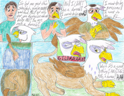 Size: 2181x1689 | Tagged: safe, artist:bluegreen369, derpibooru import, gilda, griffon, human, g4, colored pencil drawing, human to griffon, reality shift, speech bubble, traditional art, transformation, twinning