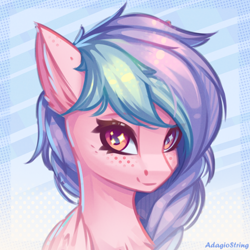 Size: 2000x2000 | Tagged: safe, artist:adagiostring, derpibooru import, oc, oc only, pegasus, pony, abstract background, bust, cute, female, gift art, looking at you, pegasus oc, portrait, shy, solo, sparkles