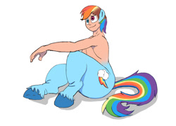 Size: 1007x718 | Tagged: safe, artist:kangahop, derpibooru import, rainbow dash, human, pony, g4, eye color change, human to pony, mid-transformation, sitting, smiling, solo, species swap, transformation, unshorn fetlocks