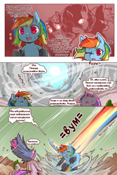 Size: 960x1440 | Tagged: safe, artist:cold-blooded-twilight, derpibooru import, edit, lyra heartstrings, rainbow dash, rarity, spike, sweetie belle, twilight sparkle, unicorn twilight, dragon, pegasus, pony, unicorn, comic:cold storm (ru), g4, 3 panel comic, afterimage, bipedal, clothes, cloud, cloudy, cold blooded twilight, comic, cyrillic, dialogue, dock, eyepatch, eyes closed, female, horn, leggings, looking up, mare, open mouth, russian, sky, smiling, speech bubble, sweat, tail, translation, translator:agent00k0t, wind, zoom