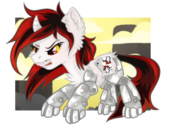 Size: 3504x2632 | Tagged: safe, artist:annuthecatgirl, derpibooru import, oc, oc:blackjack, unicorn, fallout equestria, fallout equestria: project horizons, amputee, angry, colored sclera, fanfic art, horn, prosthetic limb, prosthetics, simple background, solo, yellow sclera